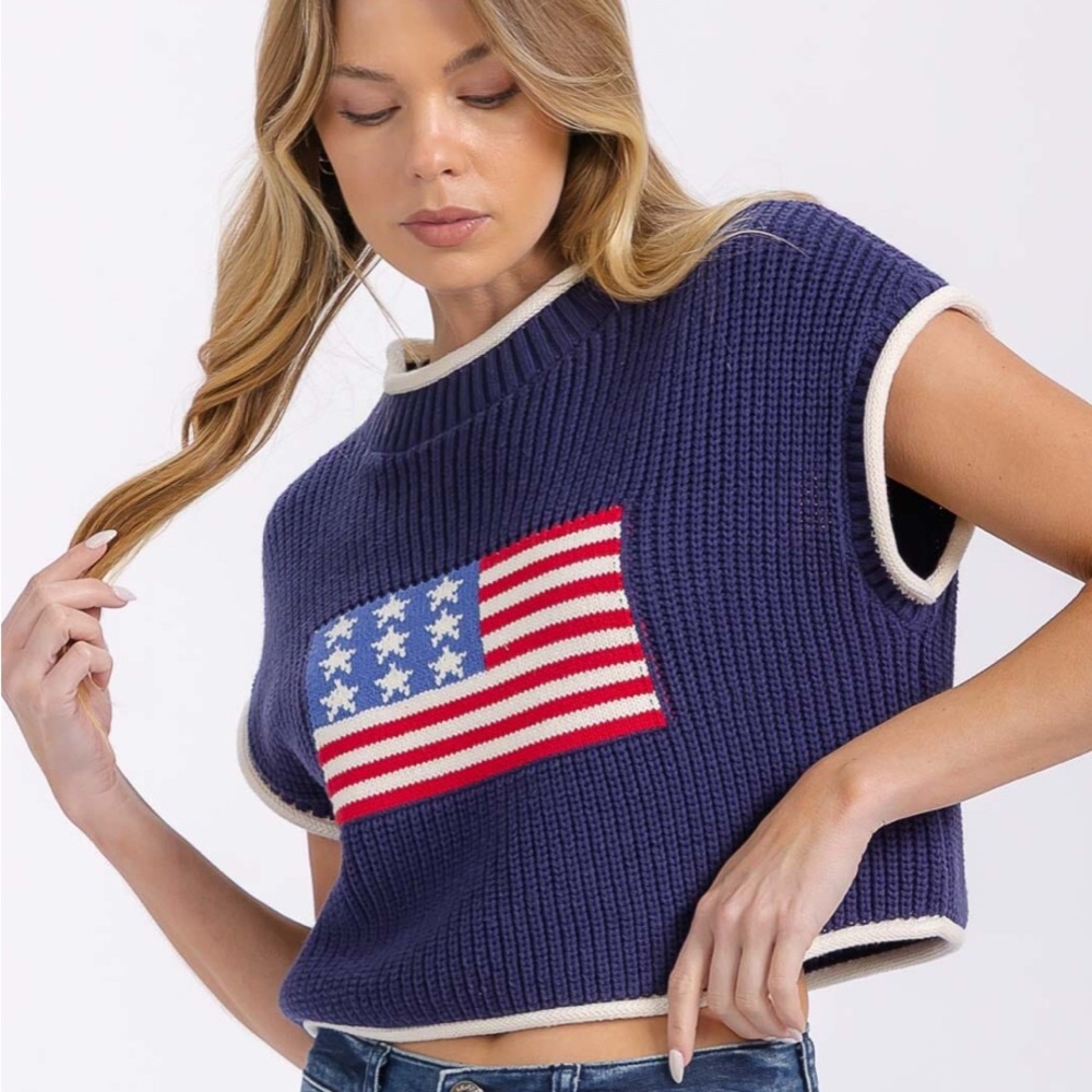 NEW day & moon Navy Blue Sleeveless Knit Top with Flag Design!! SZ:: MED